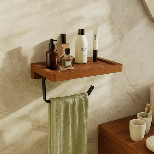 Sheesham Wood Wall Shelf with Metal Towel Holder – Kitchen Organizer