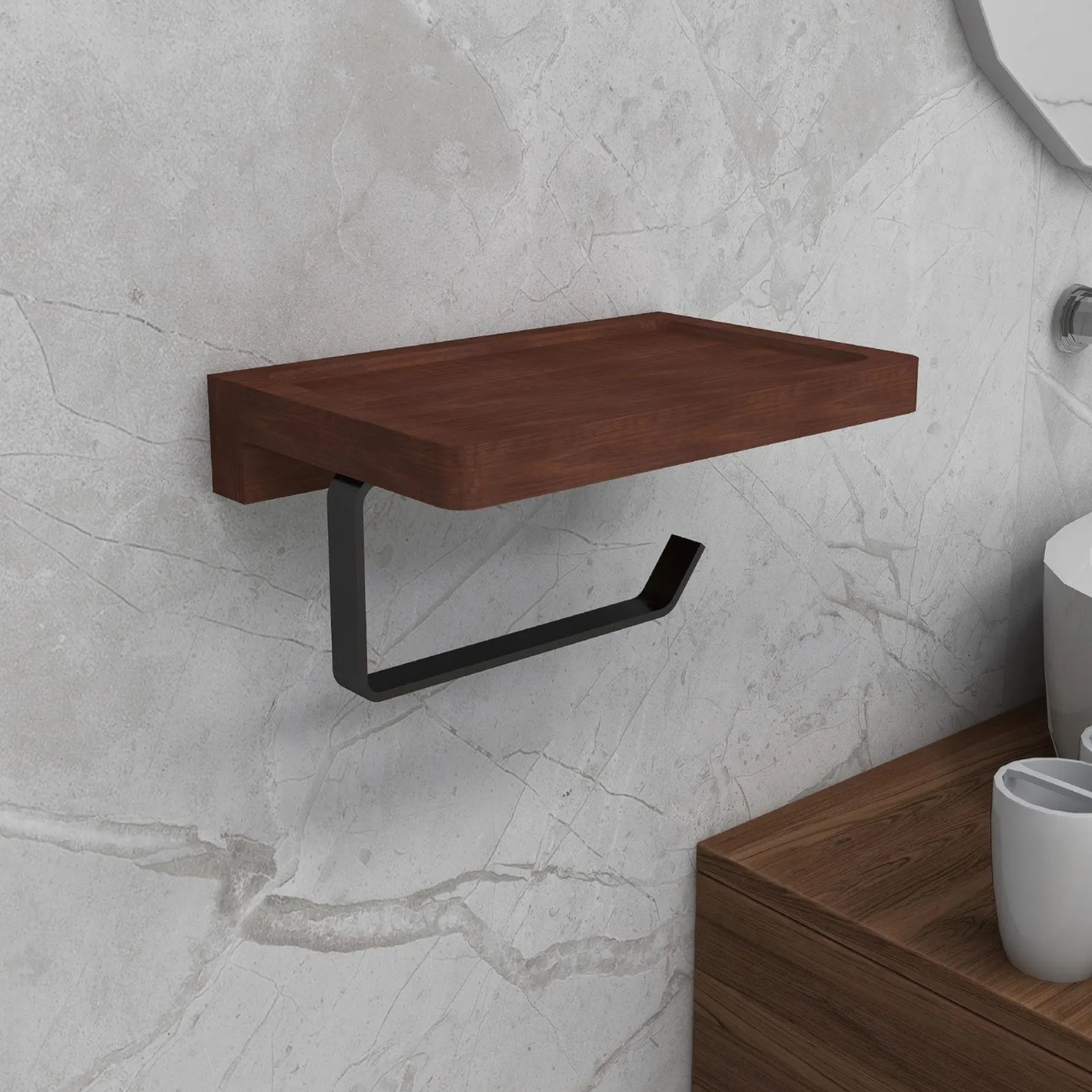 Rustic Wooden Wall Shelf with Metal Bar – Bathroom & Paper Towel Rack