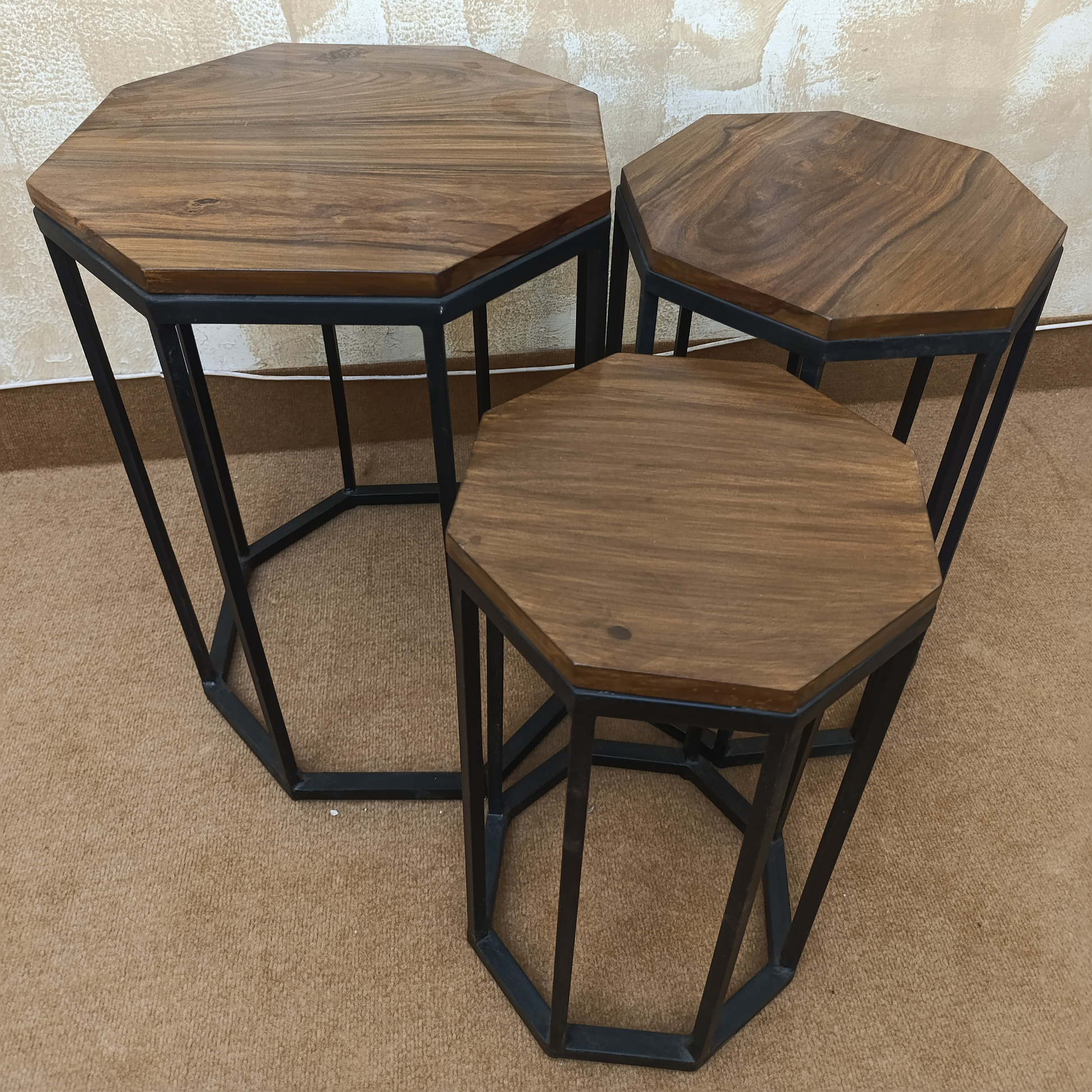 Layton Set of 3 Hexagon Nesting Tables – Modern Sheesham Wood Design by Adaptivo Furniture