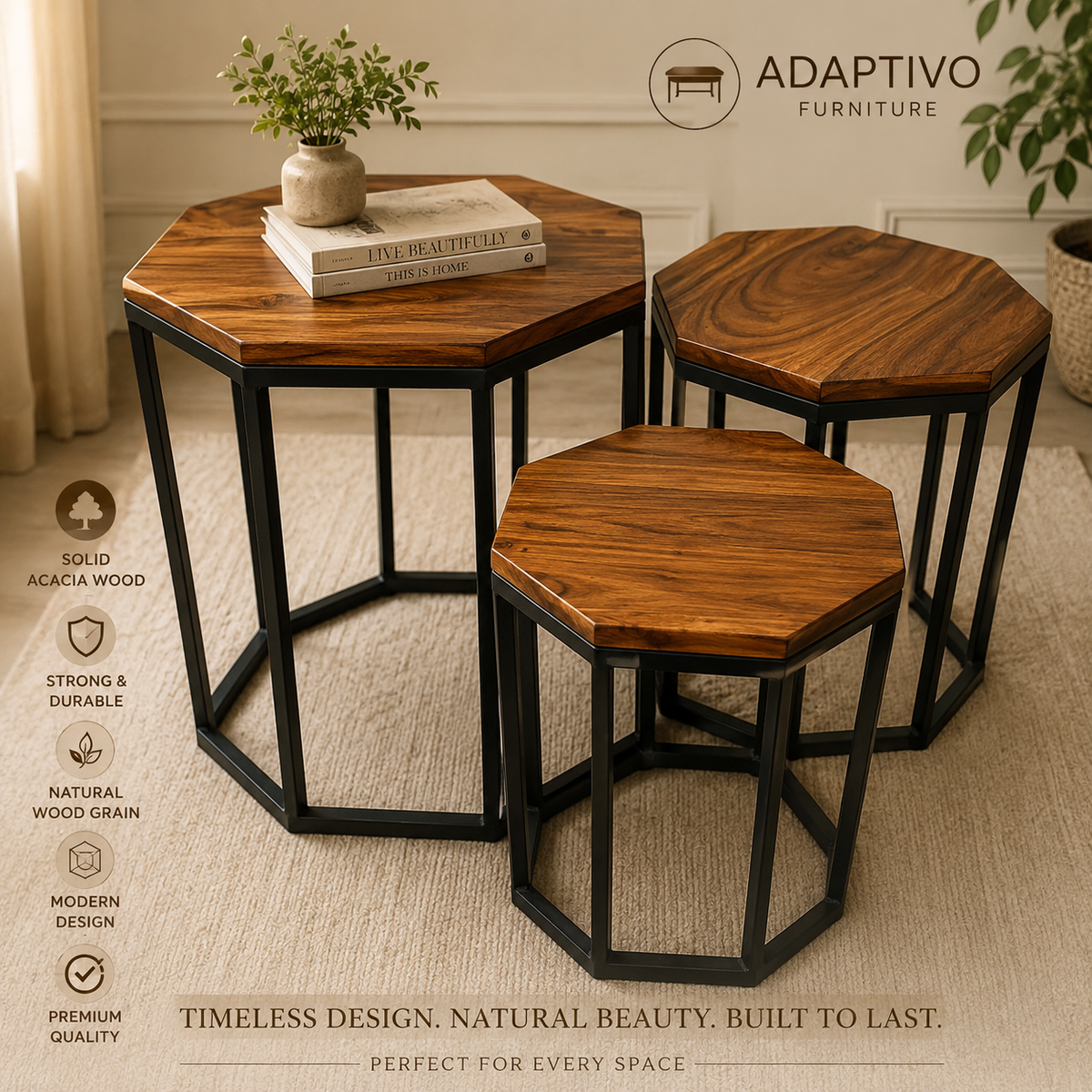 Modern solid wood nesting tables styled in a living room