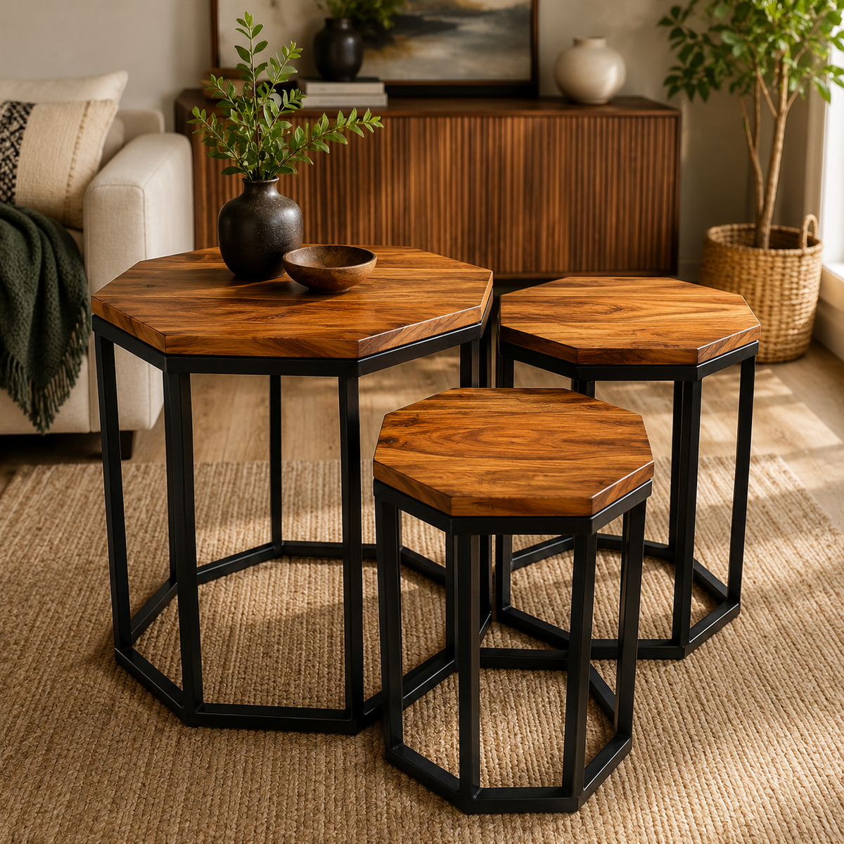 Solid wood nesting side tables with modern black metal frames