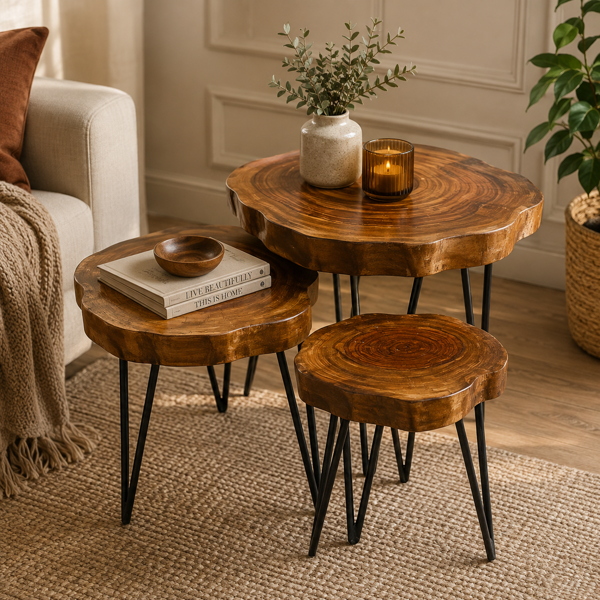Three nested round nesting side tables made of natural wood slices with black metal hairpin legs, styled in a cozy living room setting.