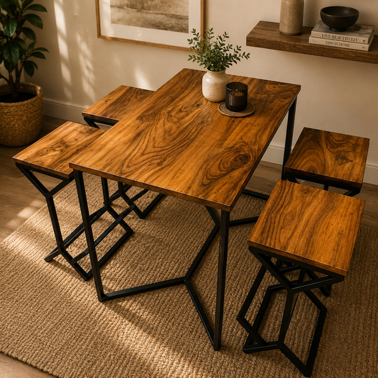 A rectangular wooden dining table with a warm medium-brown wood grain finish and black metal geometric legs, accompanied by four matching wooden stools with black metal frames, arranged on a woven jute rug in a styled dining room setting.
