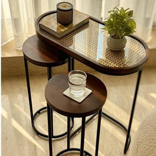 Handcrafted Charcoal Rattan Cane Side Table – Modern Boho Set of 3 by Adaptivo Furniture