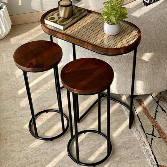 Set of 3 Round Charcoal Cane and Rattan Accent Tables – Living Room & Bedroom Furniture