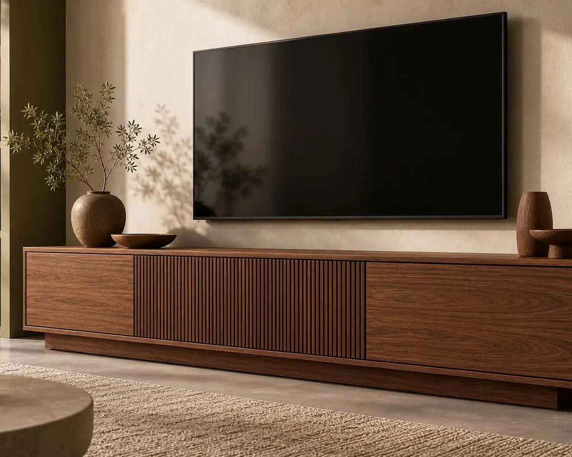 A modern wooden media console in a warm walnut finish, styled in a contemporary living room setting with a wall-mounted flat-screen TV, decorative vases, shelving, and a textured rug.