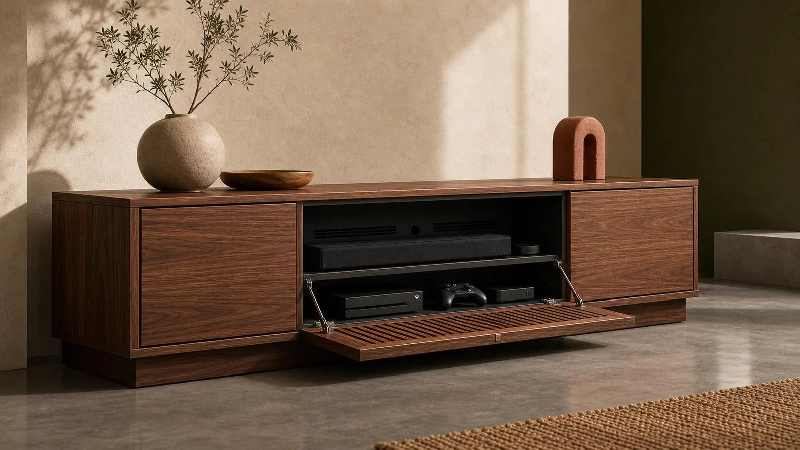 A modern wooden media console with a lower slatted storage compartment open, styled in a warm minimalist room with a vase, bowl, and decor on top.