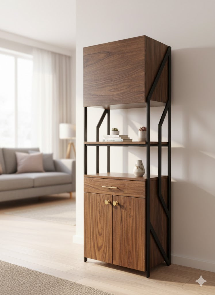 Sheesham Wood Bookshelf with Closed Storage Cabinet – Metal Frame Modern Display & Organizer | Adaptivo Furniture