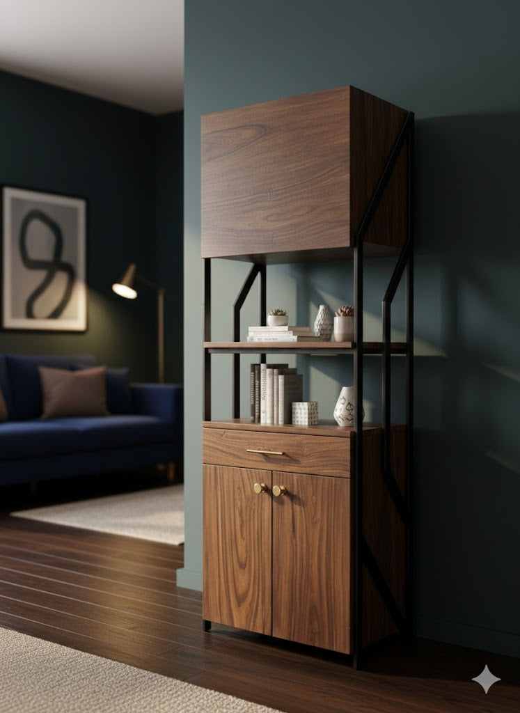 Industrial Metal & Sheesham Wood Tall Bookshelf – Modern Living Room Storage Cabinet Shelf | Adaptivo Furniture