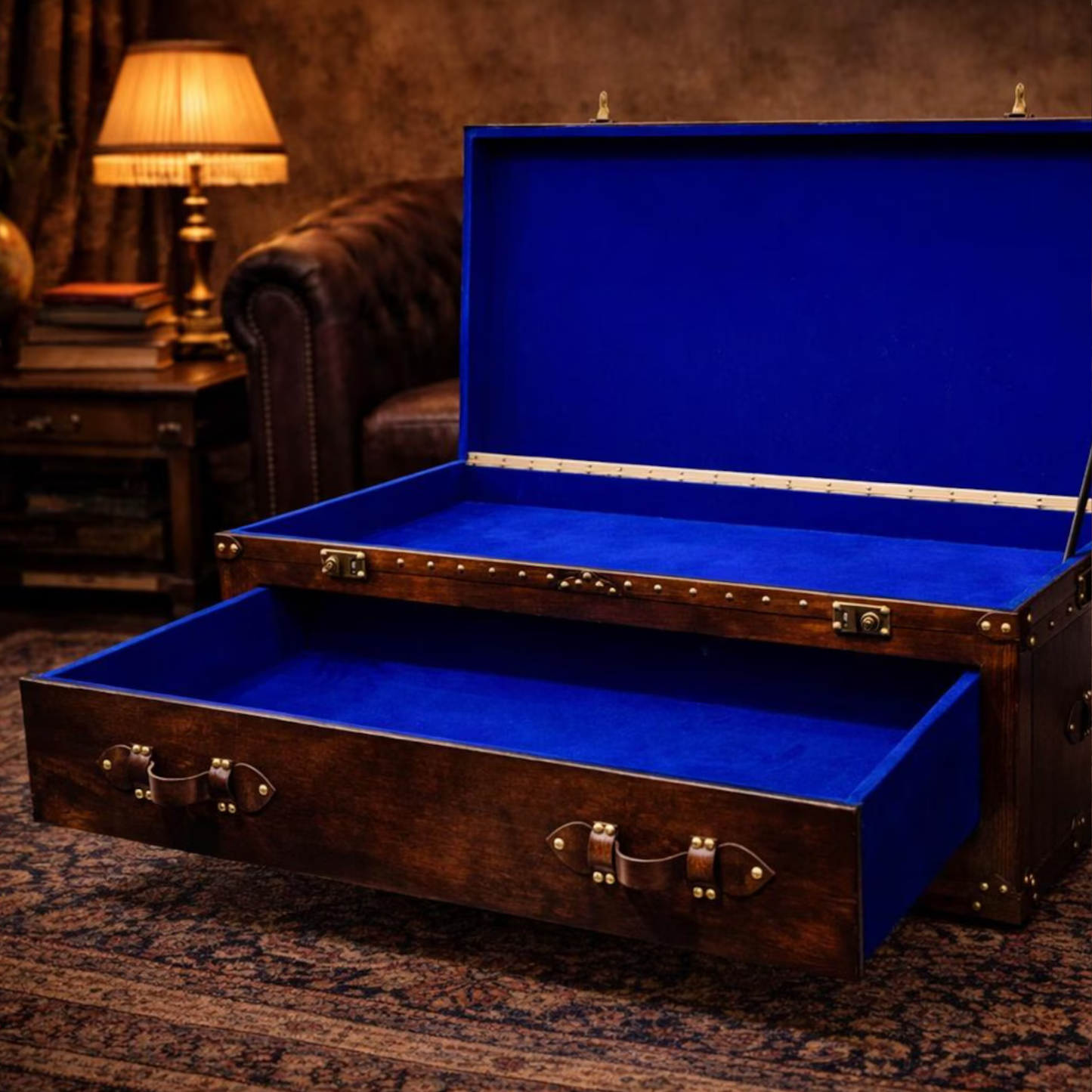 Wooden coffee table trunk dimensions 48.03W x 15.75H x 23.62D inches storage chest table